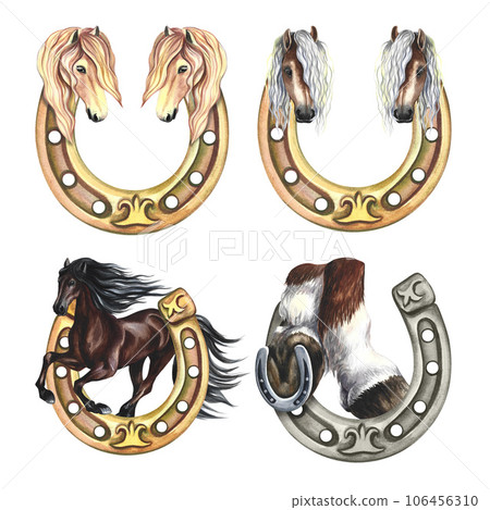 A set of horseshoes with a picture of a horse. Hand watercolor. Isolate. Talisman of good luck. For printing, stickers and labels. For postcards, business cards and packaging. For banners, posters. A set of horseshoes with a picture of a horse. Hand watercolor. Isolate. Talisman of good luck. For printing, stickers and labels. For postcards, business cards and packaging. For banners, posters. 106456310