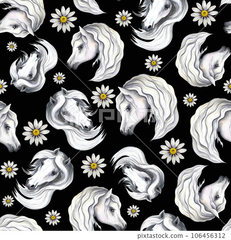 Seamless pattern with portraits of white horses and daisies on a black background. Hand watercolor. Seamless pattern with portraits of white horses and daisies on a black background. Hand watercolor. 106456312