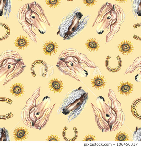 Seamless pattern with horse portrait, horseshoe and sunflower. Watercolor painted by hand. For printing, textiles 106456317