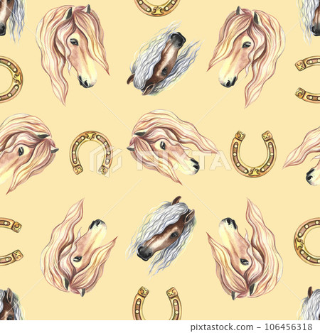 Seamless pattern with a portrait of a horse and a horseshoe. Watercolor painted by hand. For printing textiles and label 106456318