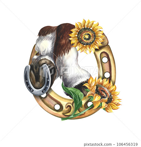 Horse hooves with horseshoe and sunflowers. Watercolor illustration. For printing, stickers and labels. Horse hooves with horseshoe and sunflowers. Watercolor illustration. For printing, stickers and labels. 106456319