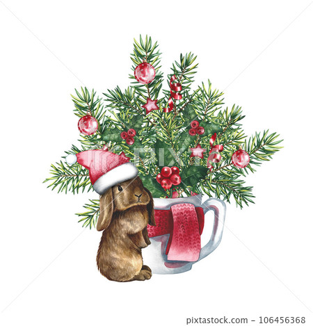 Christmas composition with a rabbit. Watercolor illustration. Rabbit in a Santa Claus hat and a Christmas bouquet. 106456368