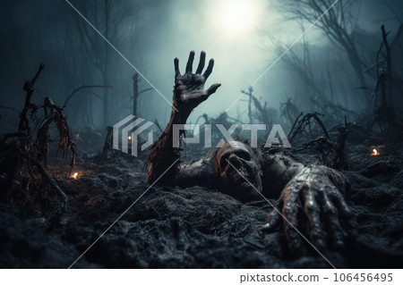 Zombie coming out of grave, scary graveyard at creepy Halloween night Zombie coming out of grave, scary graveyard at creepy Halloween night 106456495