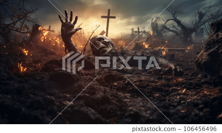 Undead coming out of grave, scary graveyard with skull at Halloween night 106456496