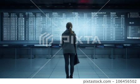 Back view of girl on the background of a large electronic scoreboard at the airport or bus station Back view of girl on the background of a large electronic scoreboard at the airport or bus station 106456502