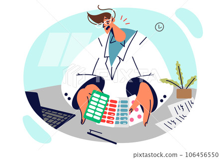 Doctor holds pills talking about drug options for treating diseases, stands at table with laptop Doctor holds pills talking about drug options for treating diseases, stands at table with laptop 106456550