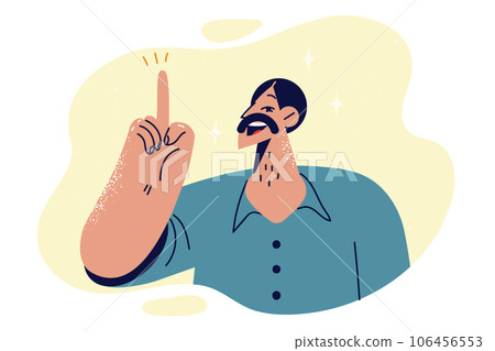 Man points finger up indicating that has idea to improve business processes in company Man points finger up indicating that has idea to improve business processes in company 106456553