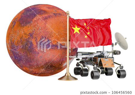 Chinese Mars Exploration Program. Planetary rover with Mars and Chinese flag. 3D rendering 106456560