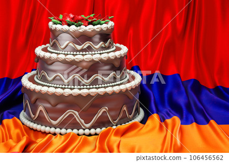 Chocolate cake on the Armenian flag background, 3D rendering 106456562