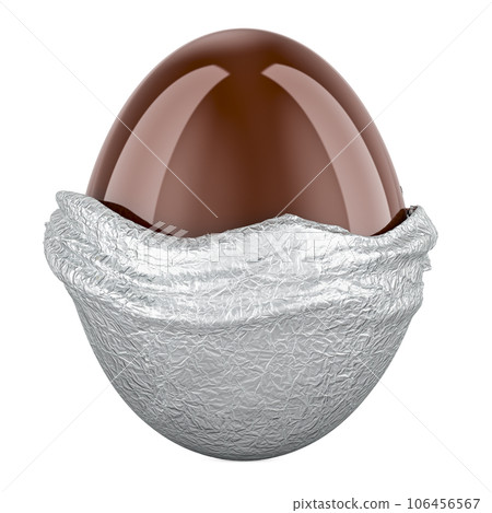 Chocolate egg with unwrapped foil, Easter chocolate egg. 3D rendering Chocolate egg with unwrapped foil, Easter chocolate egg. 3D rendering 106456567
