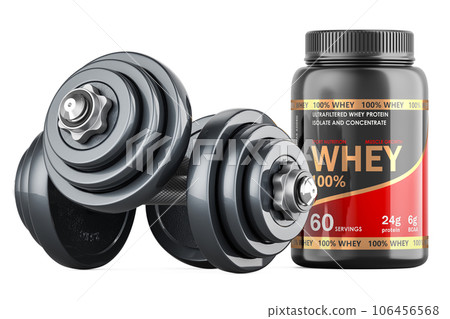 Dumbbells and Whey Protein Powder Jar. Sport nutrition, concept. 3D rendering 106456568