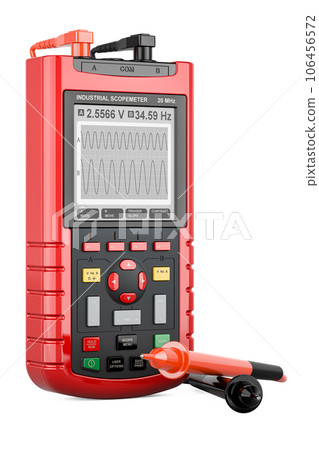 Digital oscilloscope, industrial scopemeter, red color. 3D rendering Digital oscilloscope, industrial scopemeter, red color. 3D rendering 106456572
