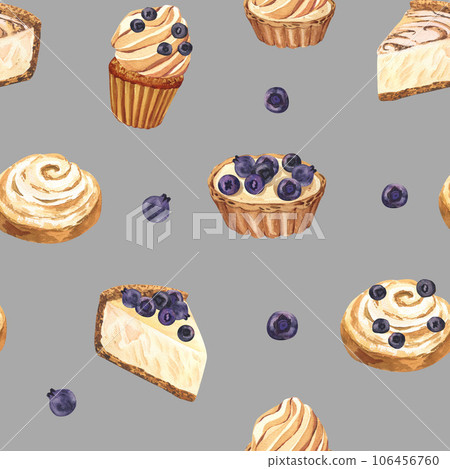 Watercolor seamless pattern dessert muffin, cupcake, tart, bun, cheesecake with blueberry. Hand-drawn illustration on grey background. Perfect food menu, design packing, bakery shop, cooking Watercolor seamless pattern dessert muffin, cupcake, tart, bun, cheesecake with blueberry. Hand-drawn illustration on grey background. Perfect food menu, design packing, bakery shop, cooking 106456760