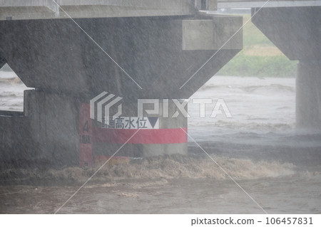 A river swollen due to heavy rain from a typhoon 106457831