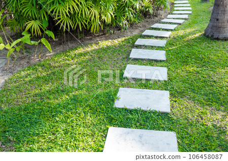 Landscaping of the garden with green grass. on the lawn there are stone squares along which to walk and go to the house. 106458087