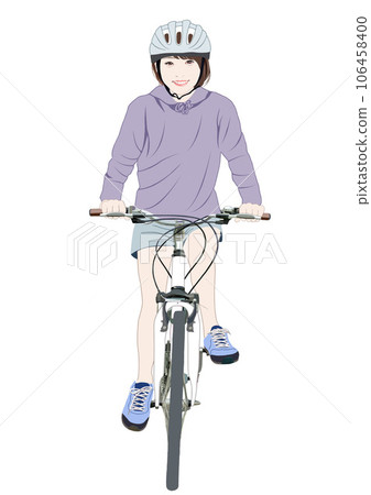 Illustration of a young woman pedaling a bicycle with a smile Illustration of a young woman pedaling a bicycle with a smile 106458400