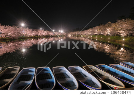 青森縣弘前市下白金町弘前公園西護城河周圍的染井吉野櫻花樹和水面上的水鏡 106458474