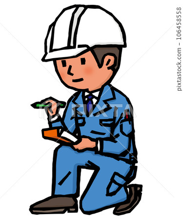 A man in work clothes investigating and recording 106458558