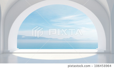 White room with an archway and a view of the ocean. AI-generated content. 106458964