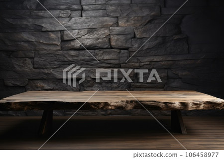 Wooden table next to a brick wall, in the style of dark gray, There is space to place products. AI-generated content. 106458977