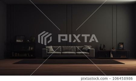Empty living room with a dark couch. AI-generated content. Empty living room with a dark couch. AI-generated content. 106458986