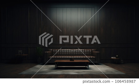 Empty living room with a dark couch. AI-generated content. 106458987