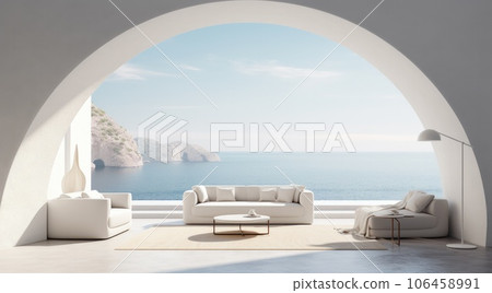 Empty living room with a dark couch. AI-generated content. 106458991