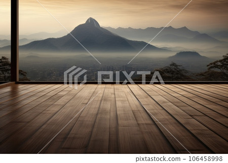 Wooden flooring in the afternoon fog with a mountain view. AI-generated content. 106458998