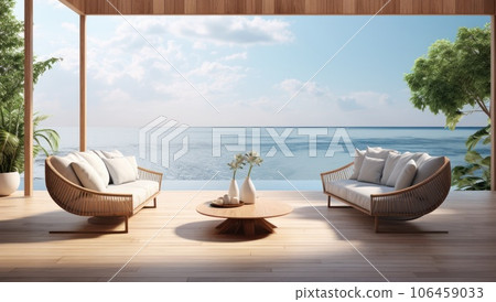 Outdoor lounge area overlooking the sea is shown. AI-generated content. 106459033