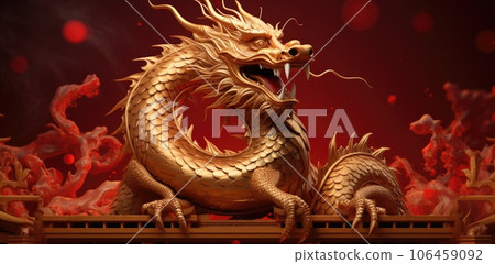 2024 Lunar New Year. dragon gold on red. Asian style design. Concept holiday card, banner, poster, decor element. AI-generated content. 106459092