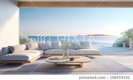 Living room with open air views, in the style of calm seas and skies, calm and meditative. AI-generated content. Living room with open air views, in the style of calm seas and skies, calm and meditative. AI-generated content. 106459192