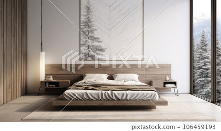 Flat white wall with grey wood bed frame. AI-generated content. 106459193