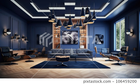 Salon in the wood ceiling, in the style of navy and black, minimalist color palettes, study place, multiple styles, black and gray. AI-generated content. 106459200