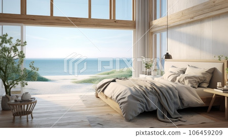 Bedroom has a big window overlooking the ocean and tranquil serenity. AI-generated content. Bedroom has a big window overlooking the ocean and tranquil serenity. AI-generated content. 106459209