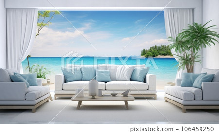 Living room with couches and a view of the ocean, in the style of minimalist backgrounds. AI-generated content. 106459250