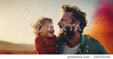 Man with a beard and a child watching to the football game. AI-generated content. 106459260