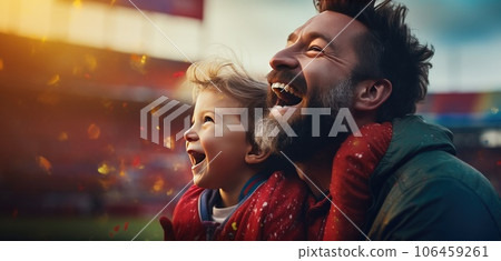 Man with a beard and a child watching to the football game. AI-generated content. Man with a beard and a child watching to the football game. AI-generated content. 106459261