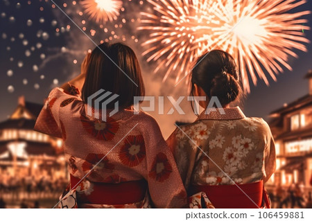 Woman watching fireworks in a yukata 2 AI-generated image 106459881