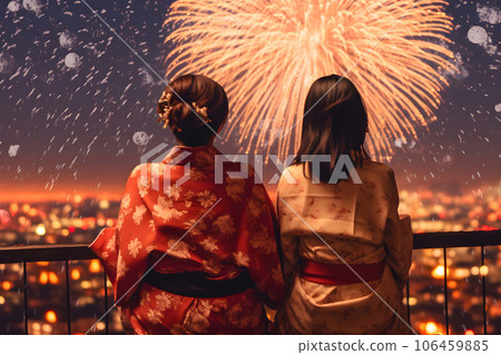Woman watching fireworks in a yukata 4 AI-generated image 106459885