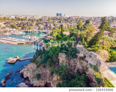 View of old Antalya from a drone or bird's eye view. This is the area of the old city and the old harbor View of old Antalya from a drone or bird's eye view. This is the area of the old city and the old harbor 106459906