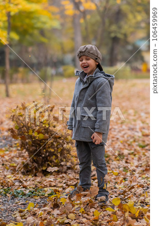 Caucasian boy in a gray coat and beret in the autumn forest. Autumn Walk. 106459969
