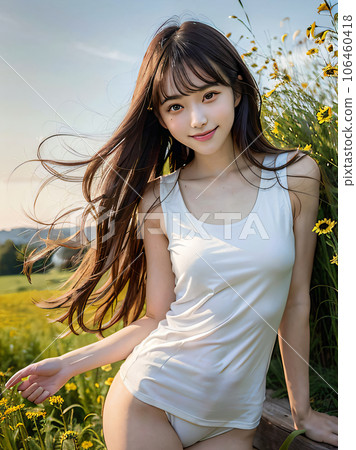 AI image: Smiling young woman wearing sexy clothes in a flower field against the blue sky AI image: Smiling young woman wearing sexy clothes in a flower field against the blue sky 106460418