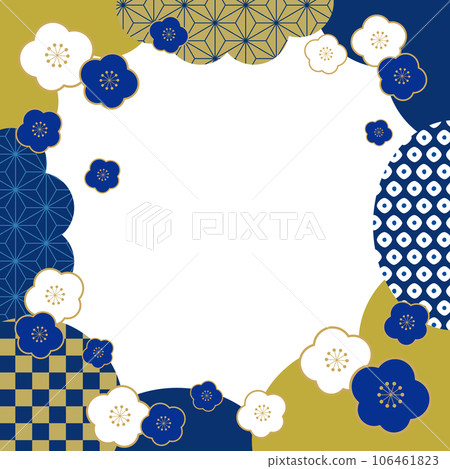 Plum and Japanese pattern Japanese style New Year banner frame background / square / indigo / transparent 106461823
