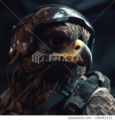 Portrait of a eagle dressed in a tactical military outfit on a clean background. Wildlife Animals. Illustration, Generative AI. Portrait of a eagle dressed in a tactical military outfit on a clean background. Wildlife Animals. Illustration, Generative AI. 106462152