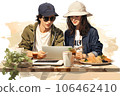 Young men and women having a meeting while eating at a cafe 106462410