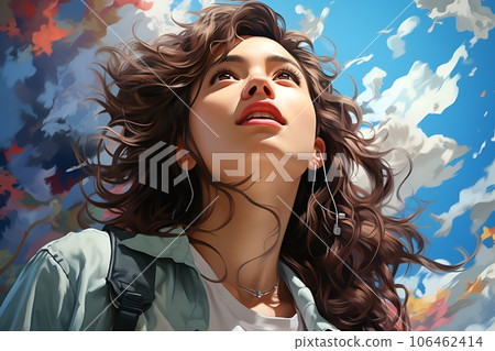 beautiful woman looking up at the sky 106462414