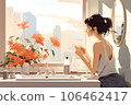 A woman using a smartphone in front of the dresser 106462417
