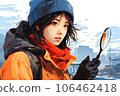 Woman wearing a hat and holding a magnifying glass 106462418