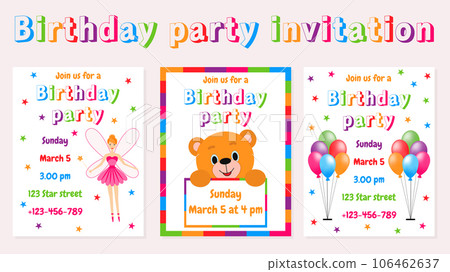 Vector illustration. Collection of invitation cards for children's birthday. Multicolored balloons, teddy bear, fairy. Vector illustration. Collection of invitation cards for children's birthday. Multicolored balloons, teddy bear, fairy. 106462637