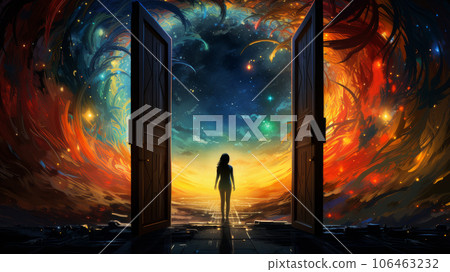 girl opens the door to space girl opens the door to space 106463232